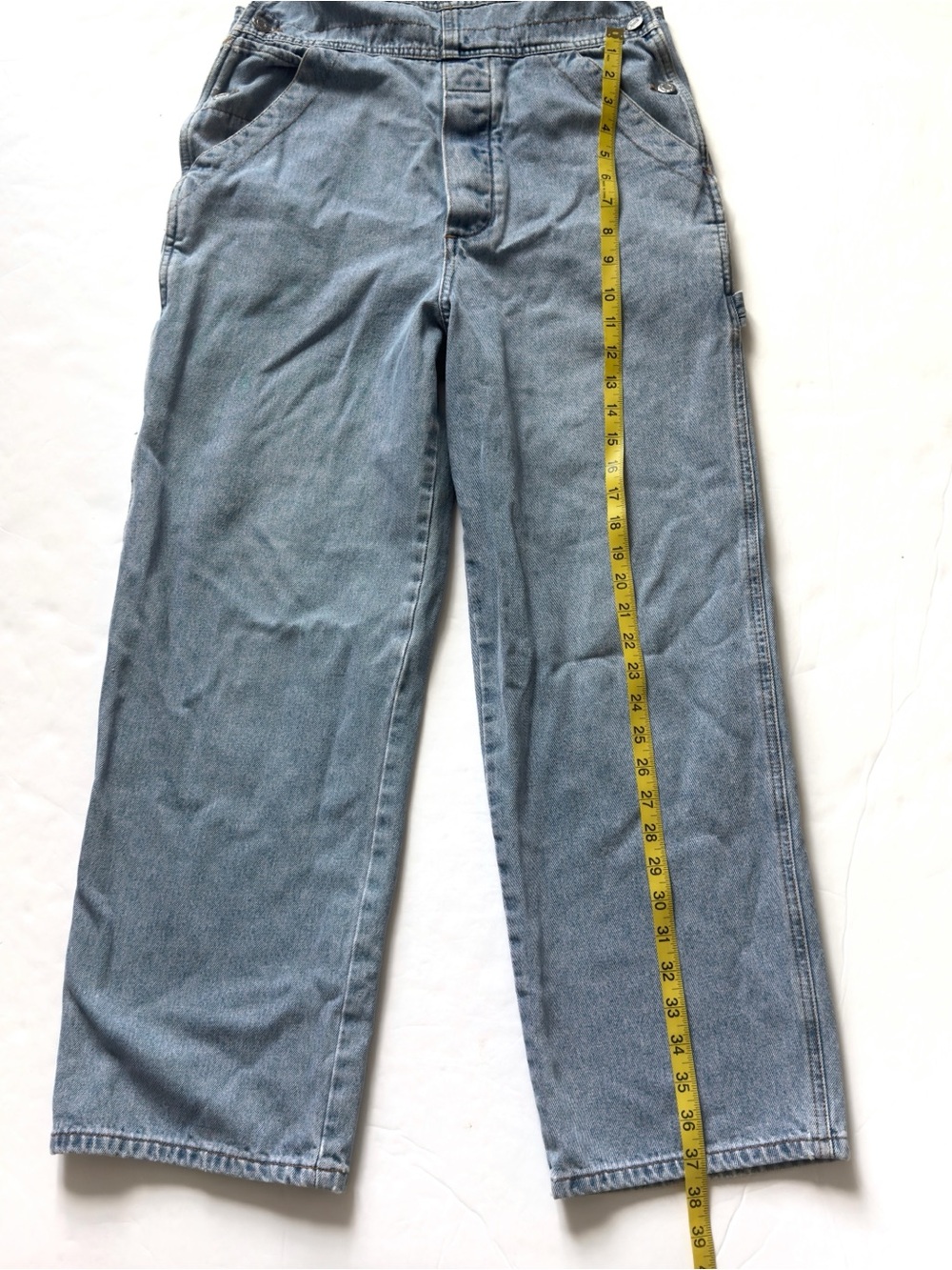 Vintage 90s Guess Denim Bib Overall Large Blue Slouchy Straight Leg Buckle Strap - Picture 11 of 16